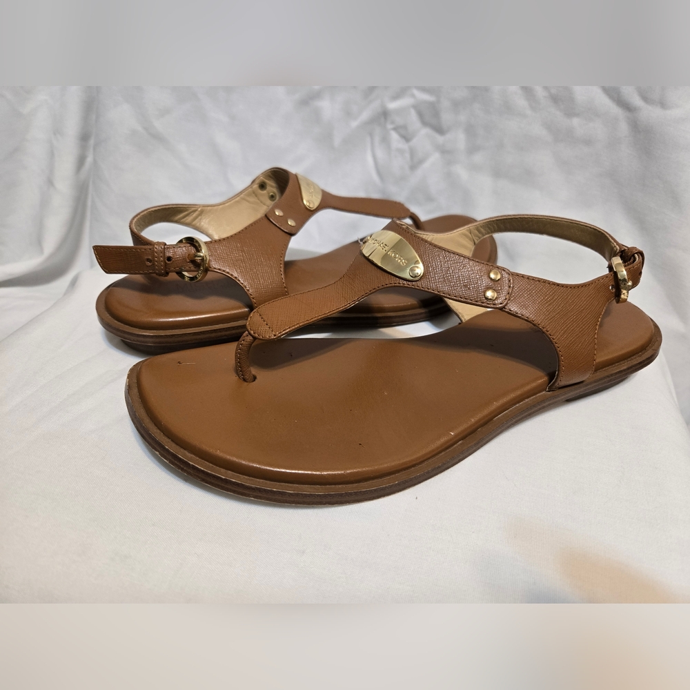 Michael Kors Tan Leather Womens Sandals with Gold Accents Sz 7 M